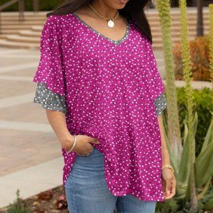 Fuchsia & Gray Speckled Ruffle-Sleeve V-Neck Tunic - 3X / 22W